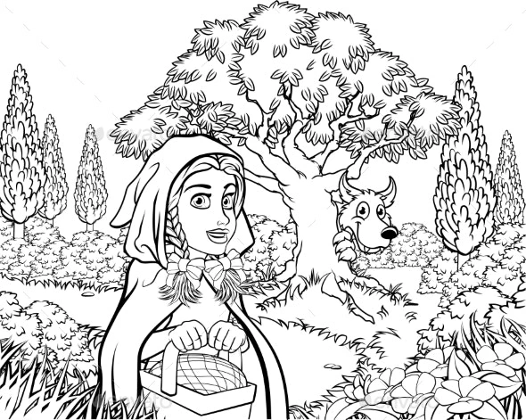 Coloring book smiling little red riding hood and wolf